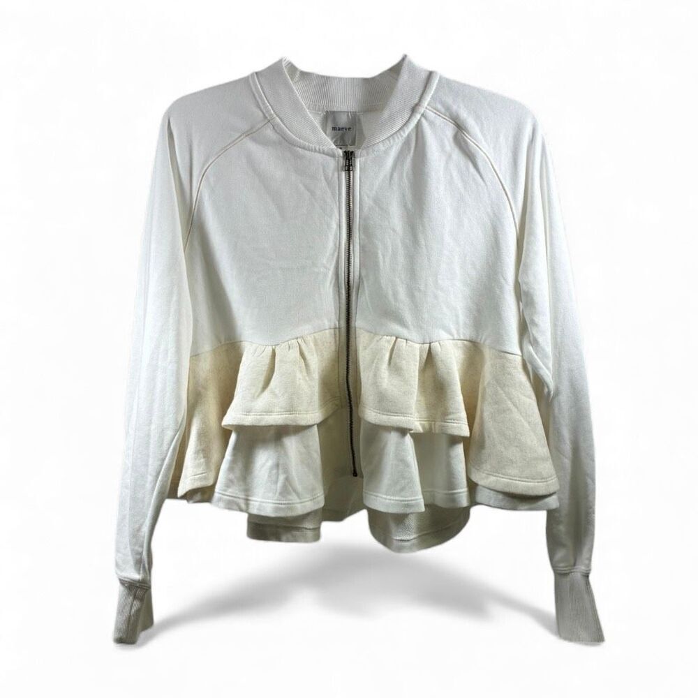 Maeve Anthropologie NWT Full Zip Ruffled Peplum Sweatshirt in Ivory Size M